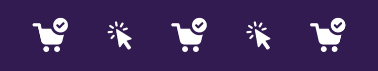 White shopping cart and mouse click icons on a purple background, representing online ticket sales