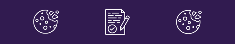White cookie and signed consent form icons on a purple background, representing cookie consent for tracking