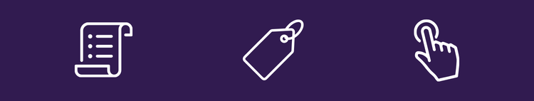 White script, tag, and clicking hand icons on a purple background, representing how Google Tag Manager works