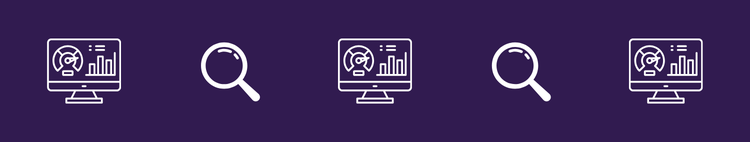 White dashboard monitor and magnifying glass icons on a purple background, representing online data analysis