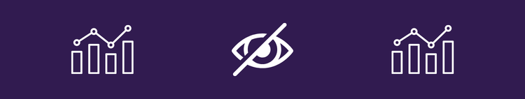 White analytics chart and crossed-out eye icons on a purple background, representing untracked website data